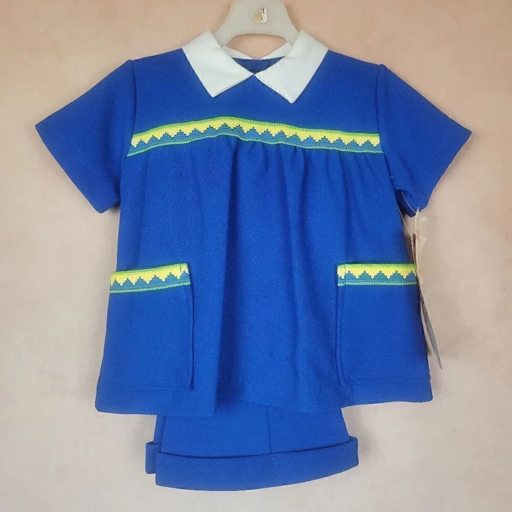 Vintage Toddler Girl Blue Yellow Top Pants Set Easter size 2T
